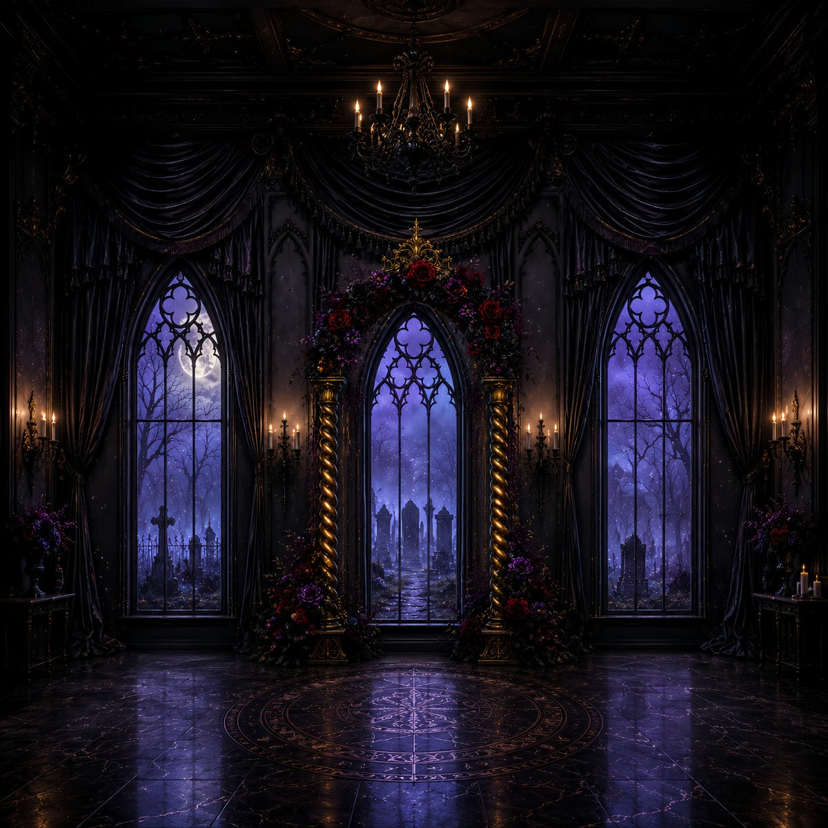 Décor D'Arche D'Halloween Style Gothique Floral Avec Fenêtre Et Grand Hall D'Entrée LXX67-89