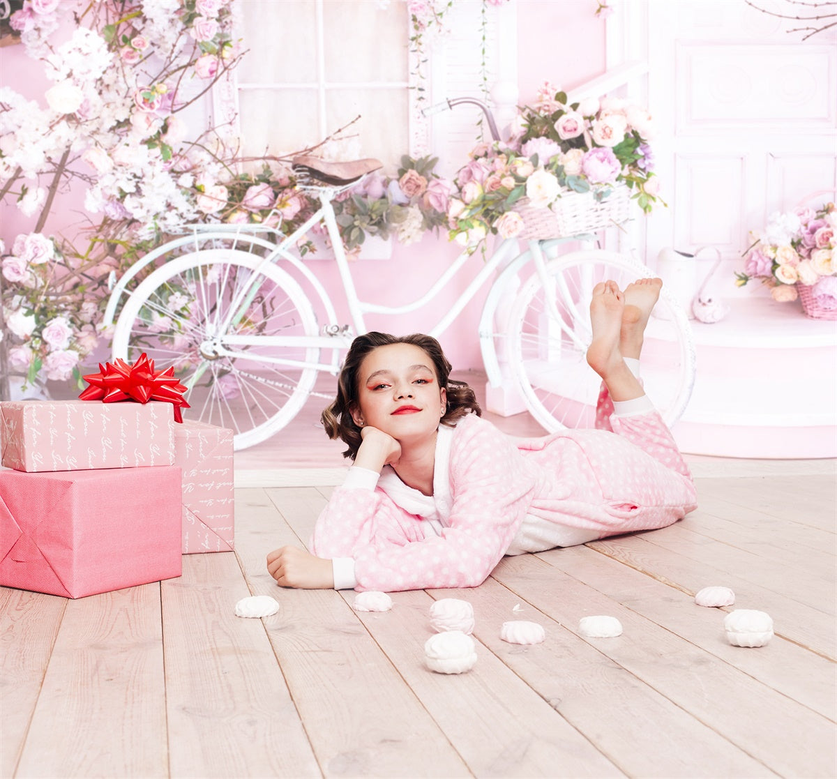 Mur Rose Rempli de Fleurs Bicycle Blanc Toile de fond M1-08