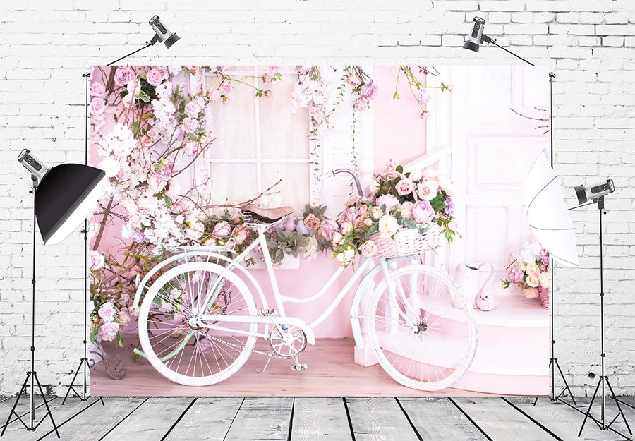 Mur Rose Rempli de Fleurs Bicycle Blanc Toile de fond M1-08