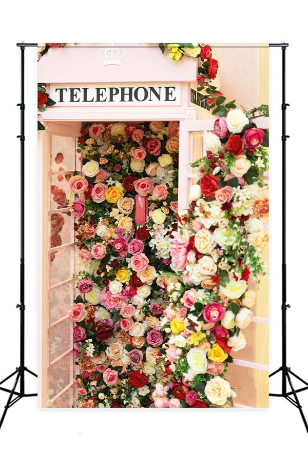 Cabine Téléphonique Romantique Rose Remplie de Fleurs Toile de fond M1-13