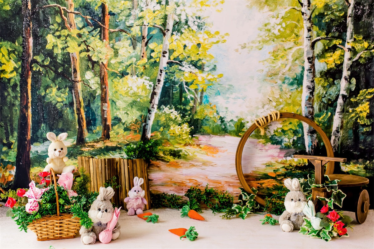 Pâques Peinture à l'huile Forêt Poupée Lapin Carotte Toile de fond M1-37
