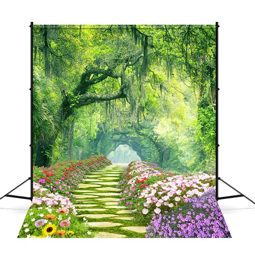 Printemps Fleurs entourant piste Forêt Mystique Toile de fond M1-38