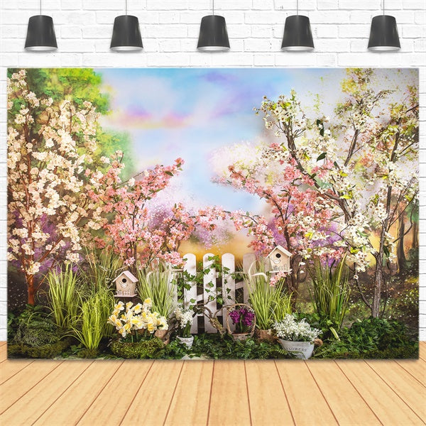 Printemps Arc-en-ciel Couleur Nuage Fleur de Cerisier Clôture Blanche Toile de fond M1-40