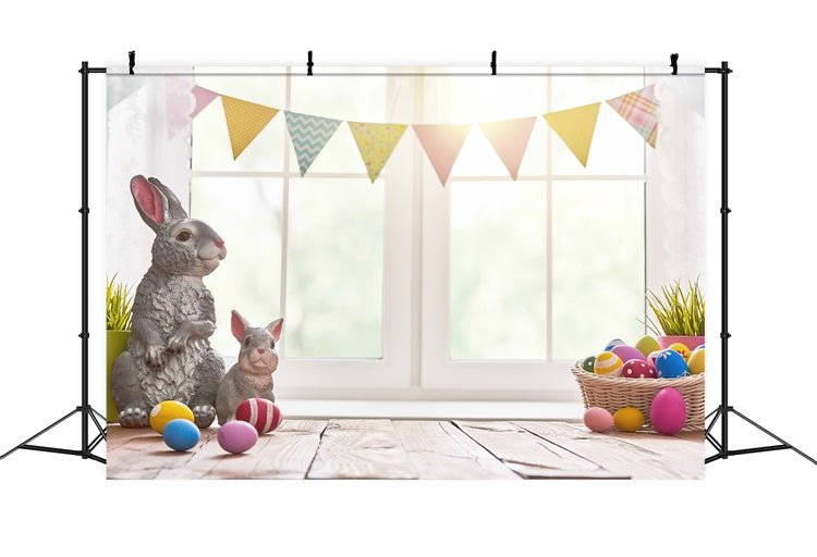 Œufs de Pâques Lapin gris Drapeaux colorés Fenêtre Toile de fond M1-45