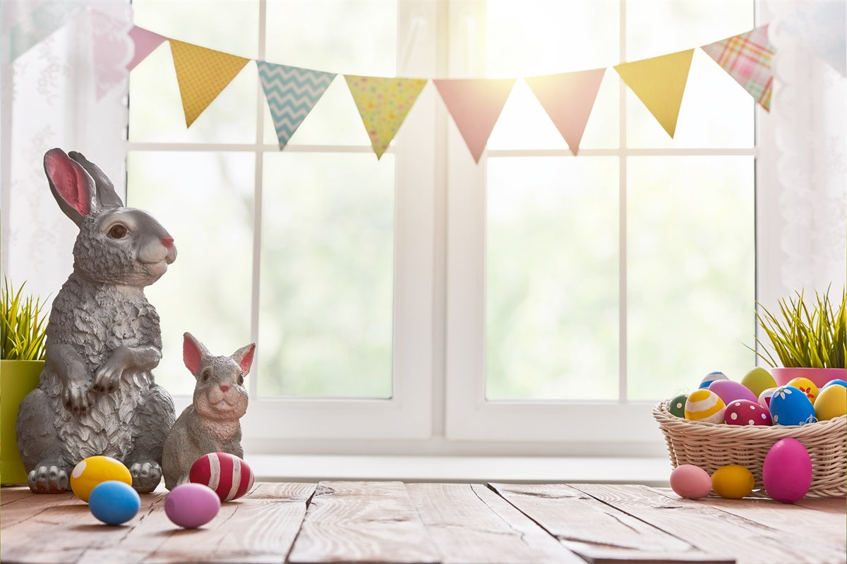 Œufs de Pâques Lapin gris Drapeaux colorés Fenêtre Toile de fond M1-45
