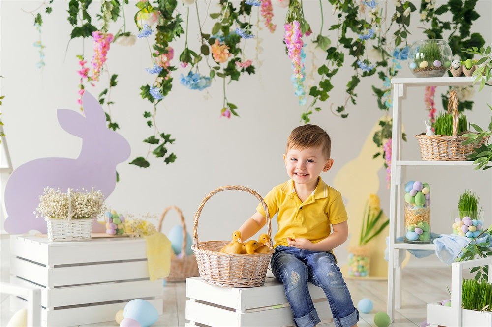 Œufs de Pâques Fleur Verdure Lapin Frais Toile de fond M1-50