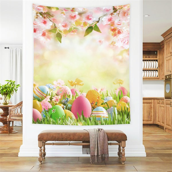 Pâques Chaud Printemps Pelouse Fleur de Cerisier Œuf Toile de fond M1-54