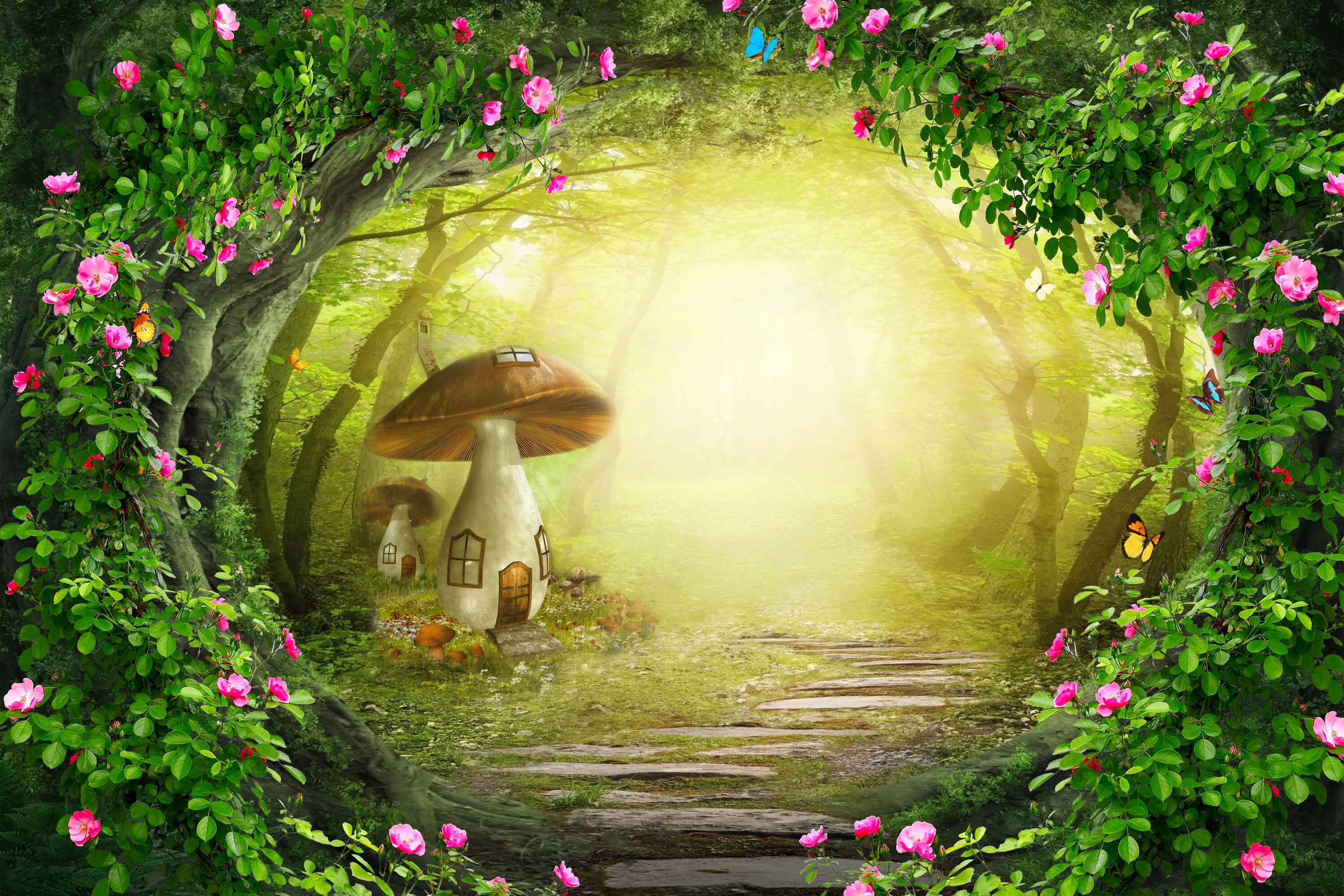 Conte de fées Cartoon Fleur Papillon Entourage Forêt Champignon Maison Toile de fond M1-78