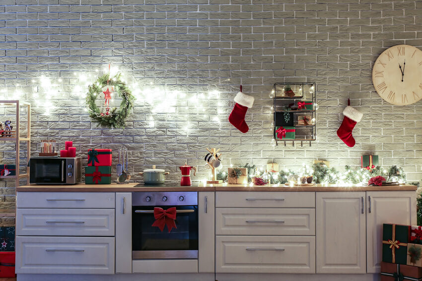 Cuisine Blanche avec Décorations de Noël Toile de fond M10-12