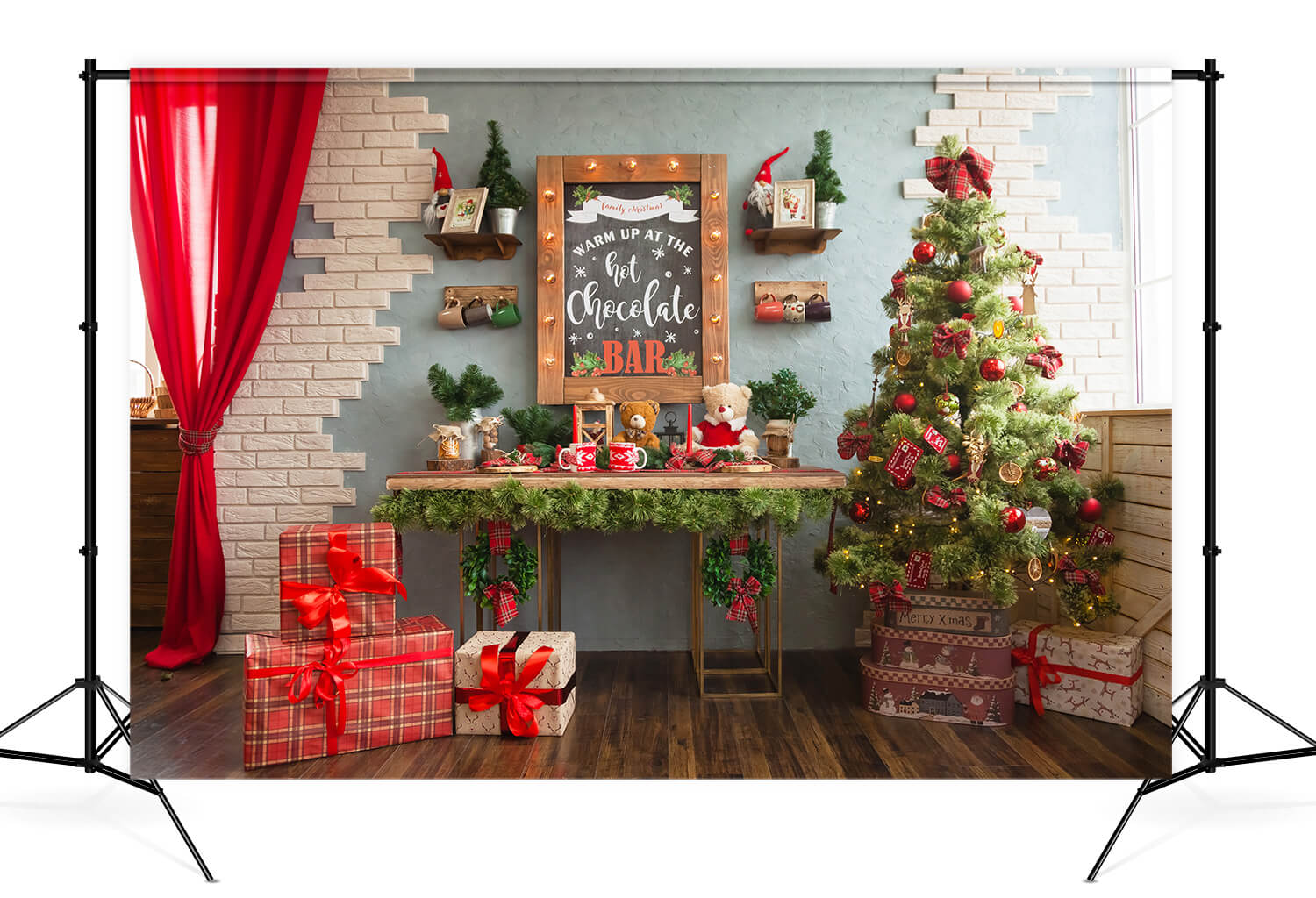 Arbre de Noël Rouge Rideau Cadeaux Studio Toile de fond M11-36