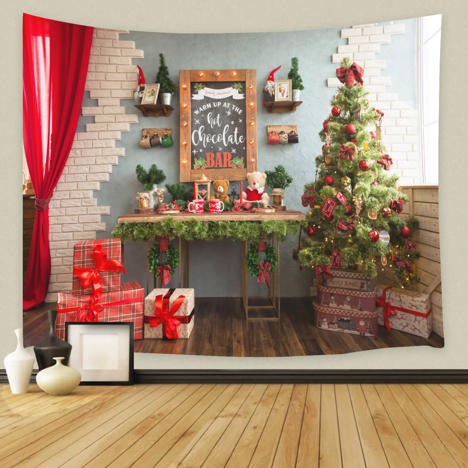 Arbre de Noël Rouge Rideau Cadeaux Studio Toile de fond M11-36