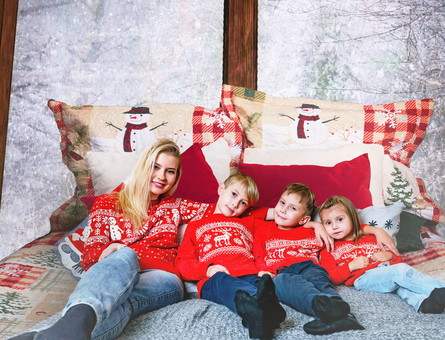 Fenêtre enneigée d'hiver Noël Lit Toile de fond M11-41