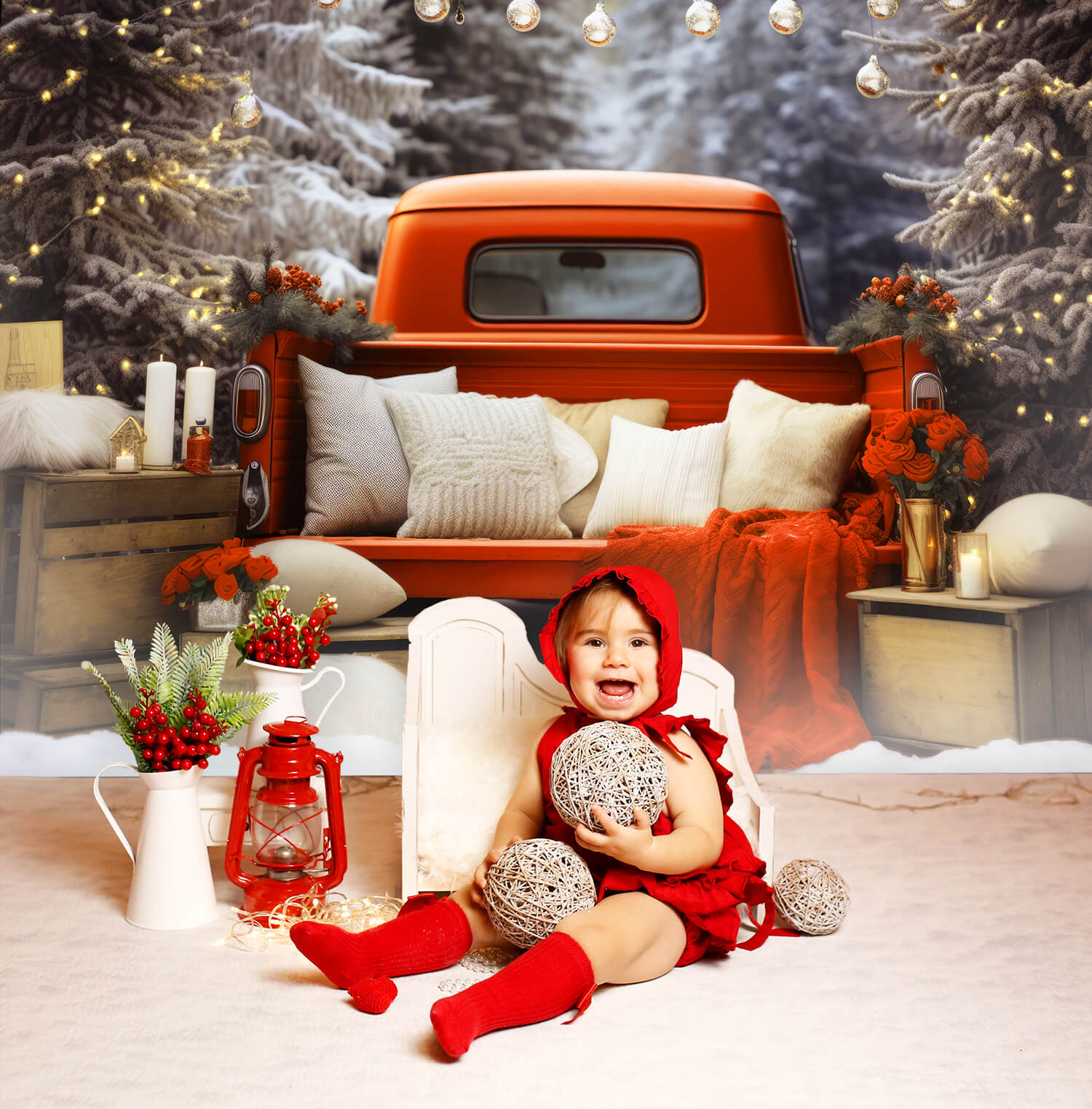 Vintage Noël Voiture Rouge Forêt Neige Toile de fond M11-57