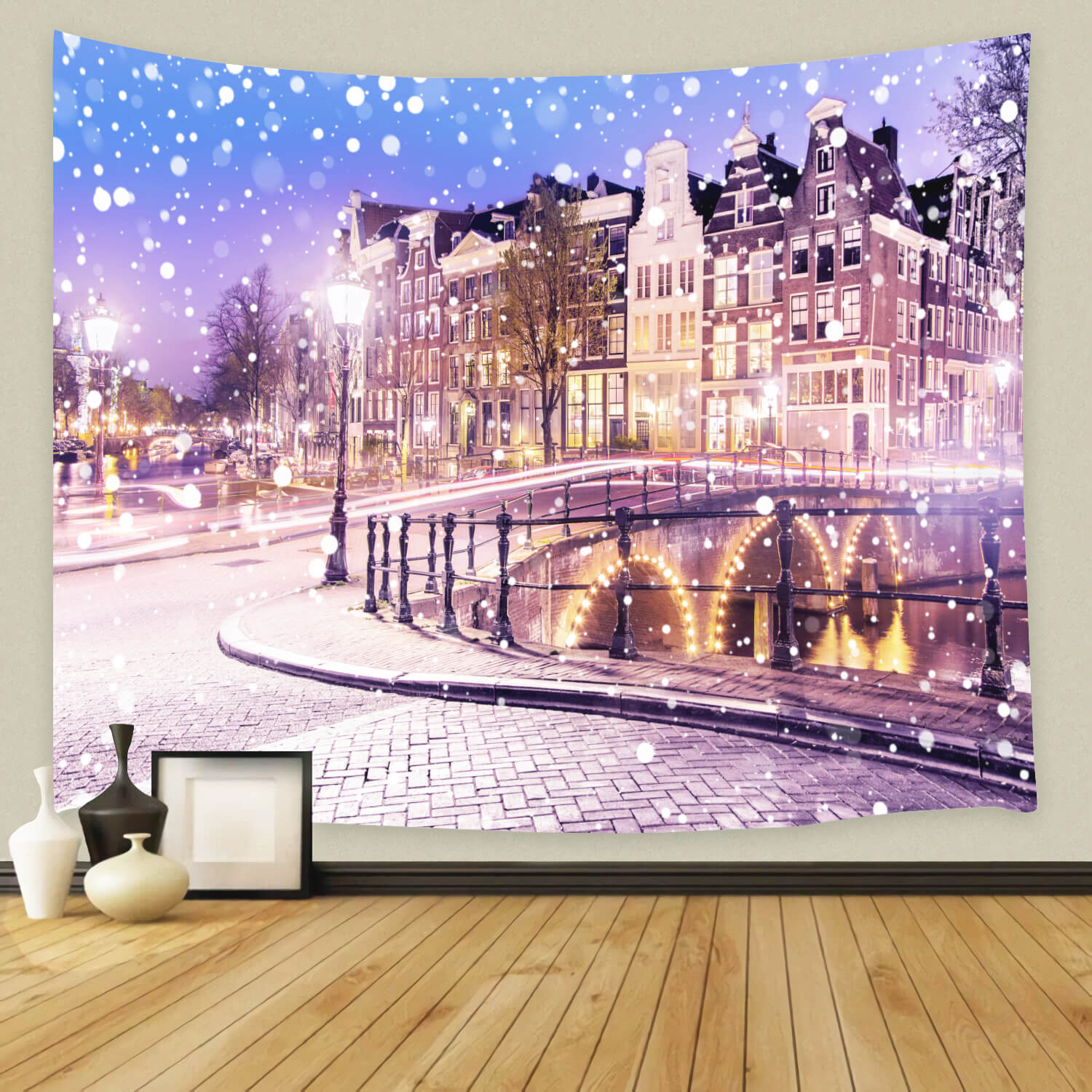 Hiver Neigeux Ville Vue de Nuit Toile de fond M11-69