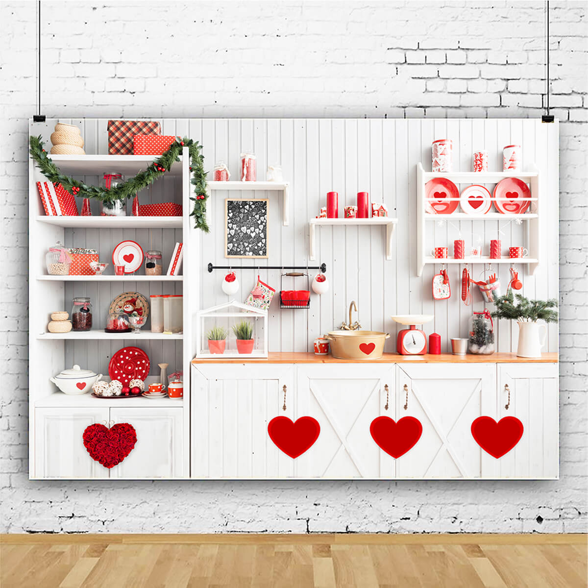 St Valentin Cuisine Décorations Coeur Rouge Fleuri Toile de fond M12-14