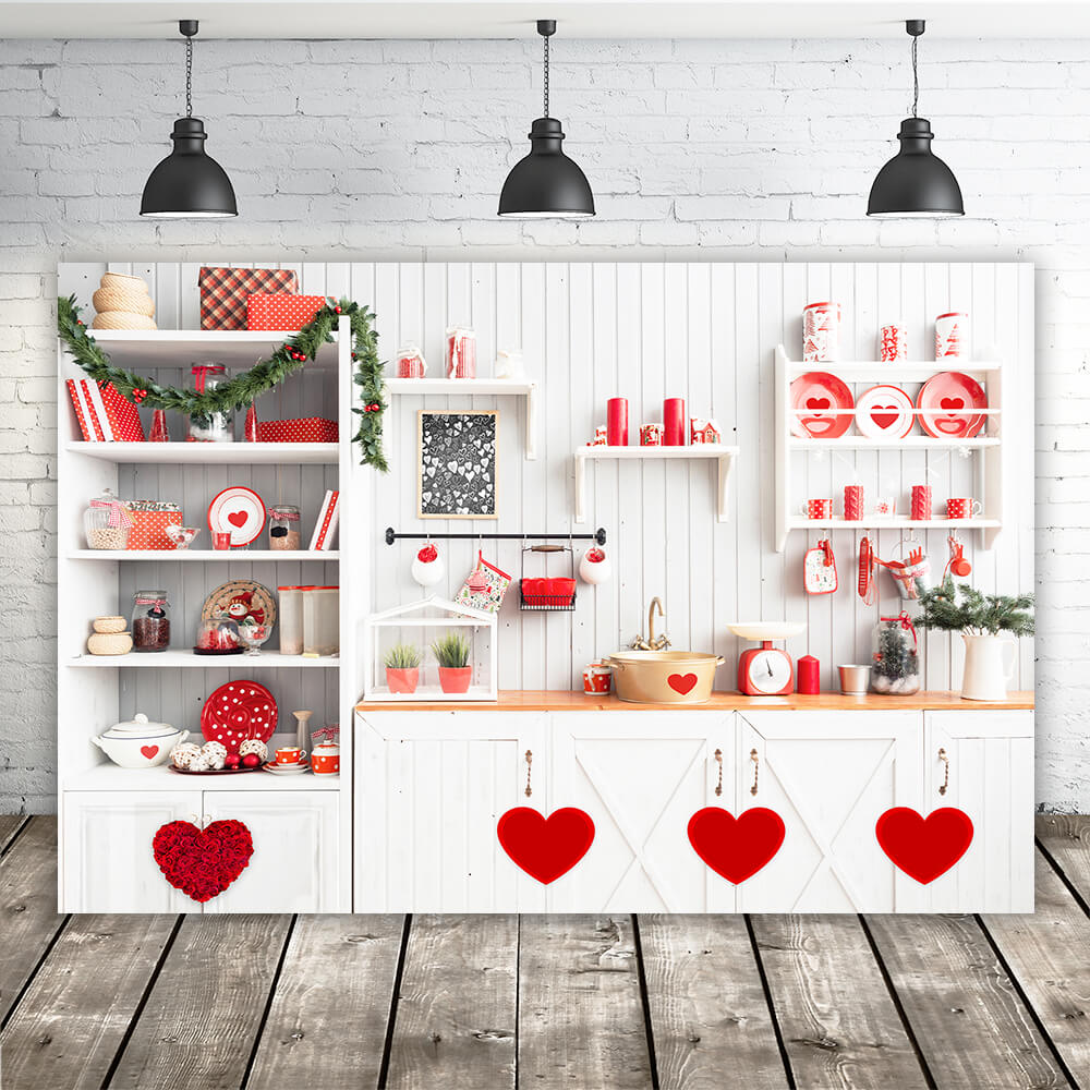 St Valentin Cuisine Décorations Coeur Rouge Fleuri Toile de fond M12-14