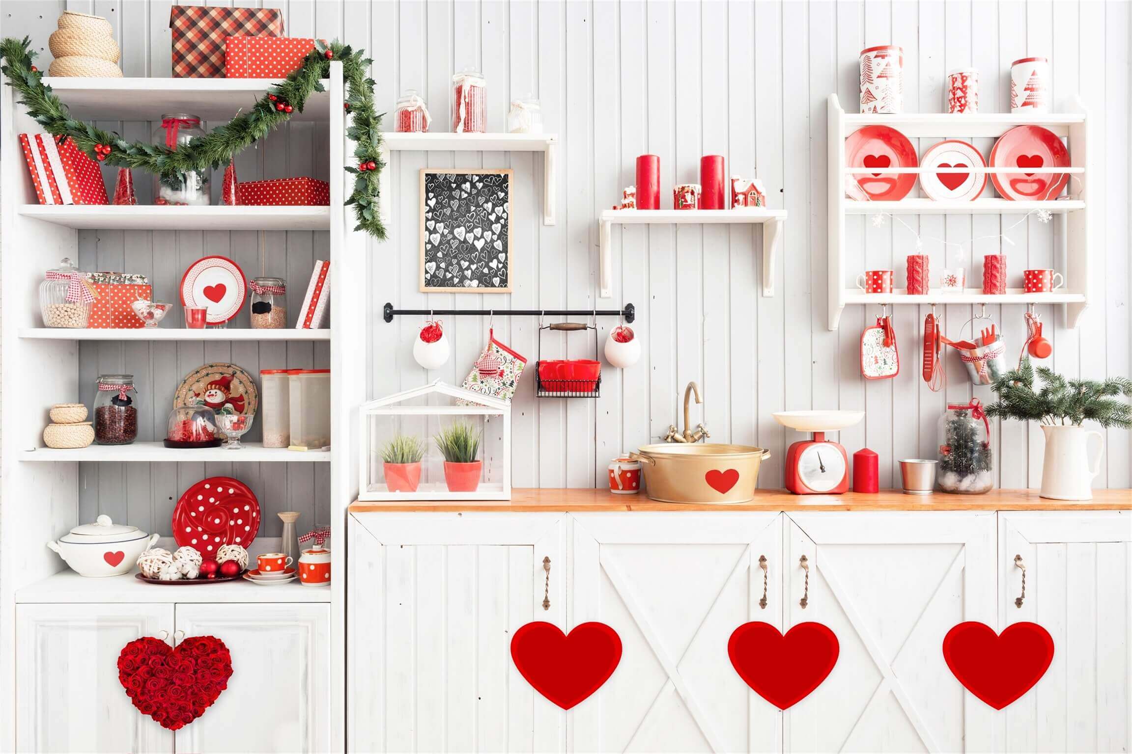 St Valentin Cuisine Décorations Coeur Rouge Fleuri Toile de fond M12-14