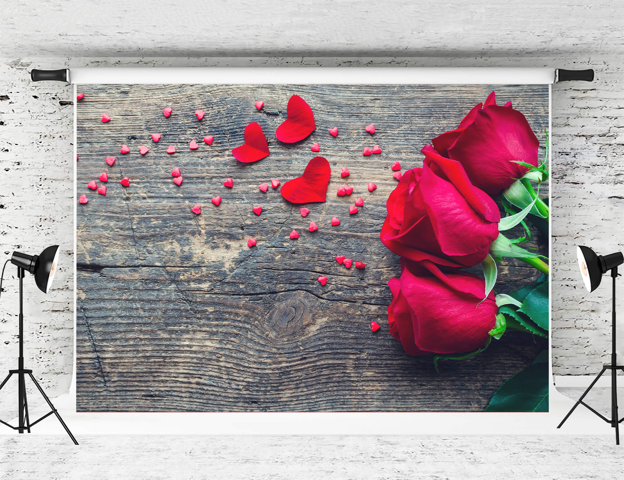 St Valentin Bois de Rose Parsemé de Petits Coeurs d'Amour Toile de fond M12-26