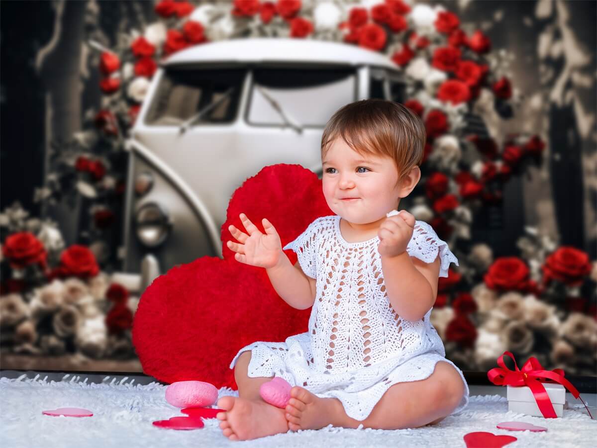 St Valentin Voiture Vintage Roses Rouges et Blanches Romantique Toile de fond M12-34