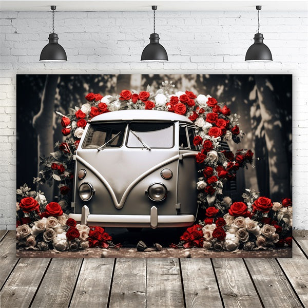 St Valentin Voiture Vintage Roses Rouges et Blanches Romantique Toile de fond M12-34