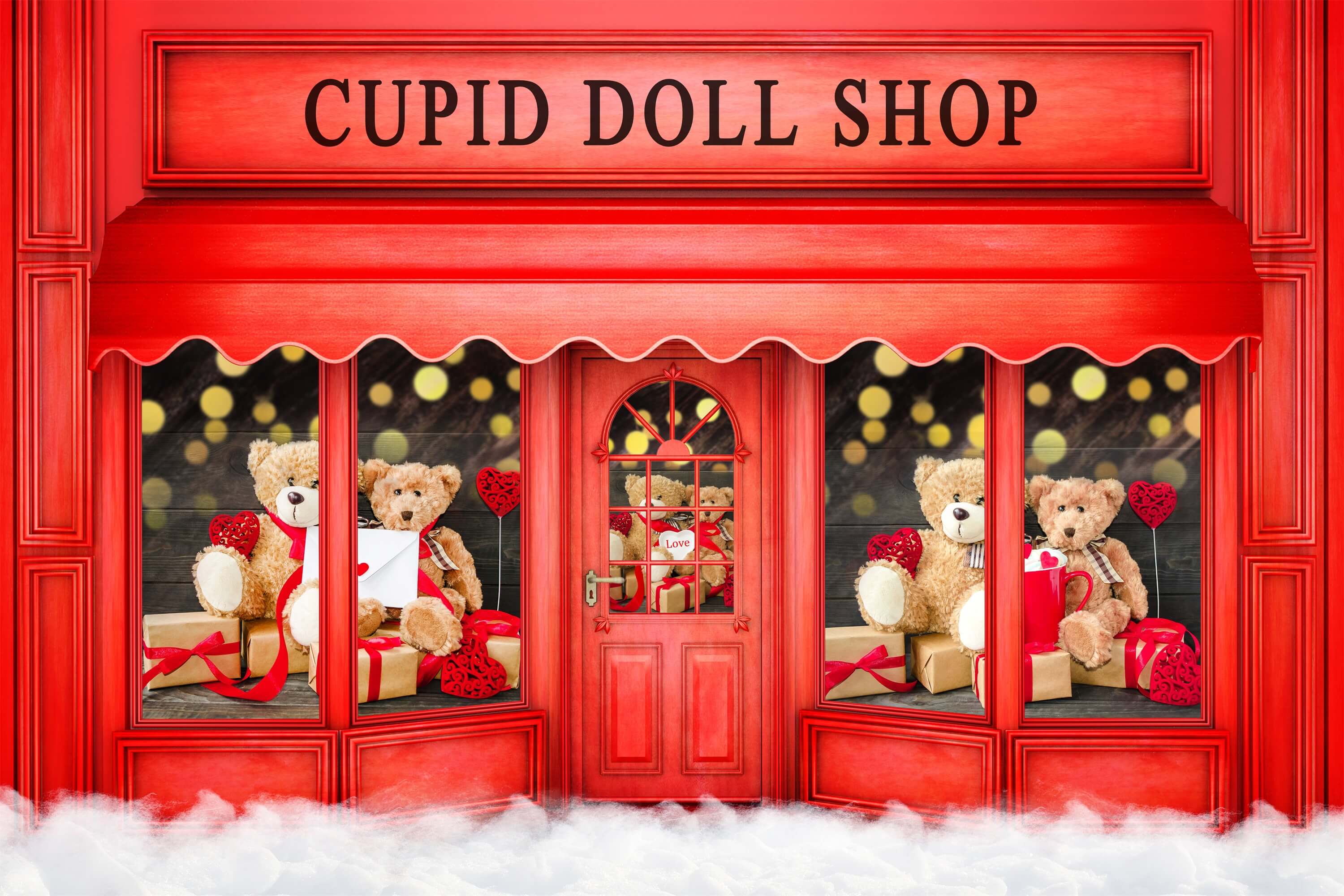 St Valentin Cupidon Poupée Boutique Rose Ourson Toile de fond M12-42