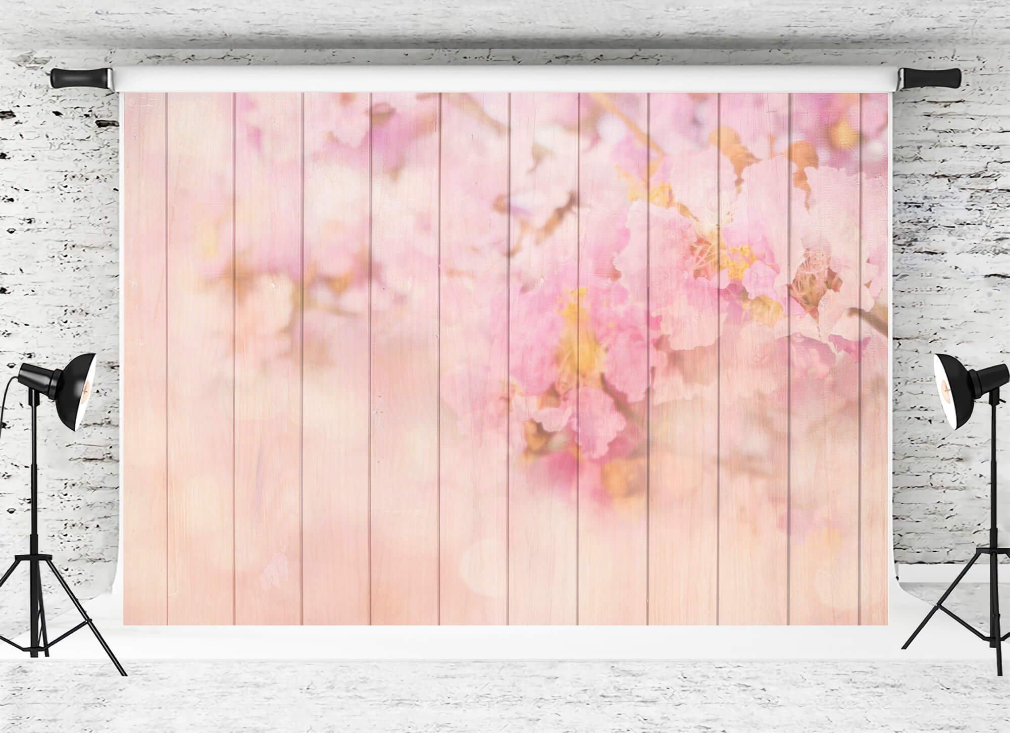 Scène Florale Rose Clair Dispersée Plancher en Bois Toile de fond M12-44