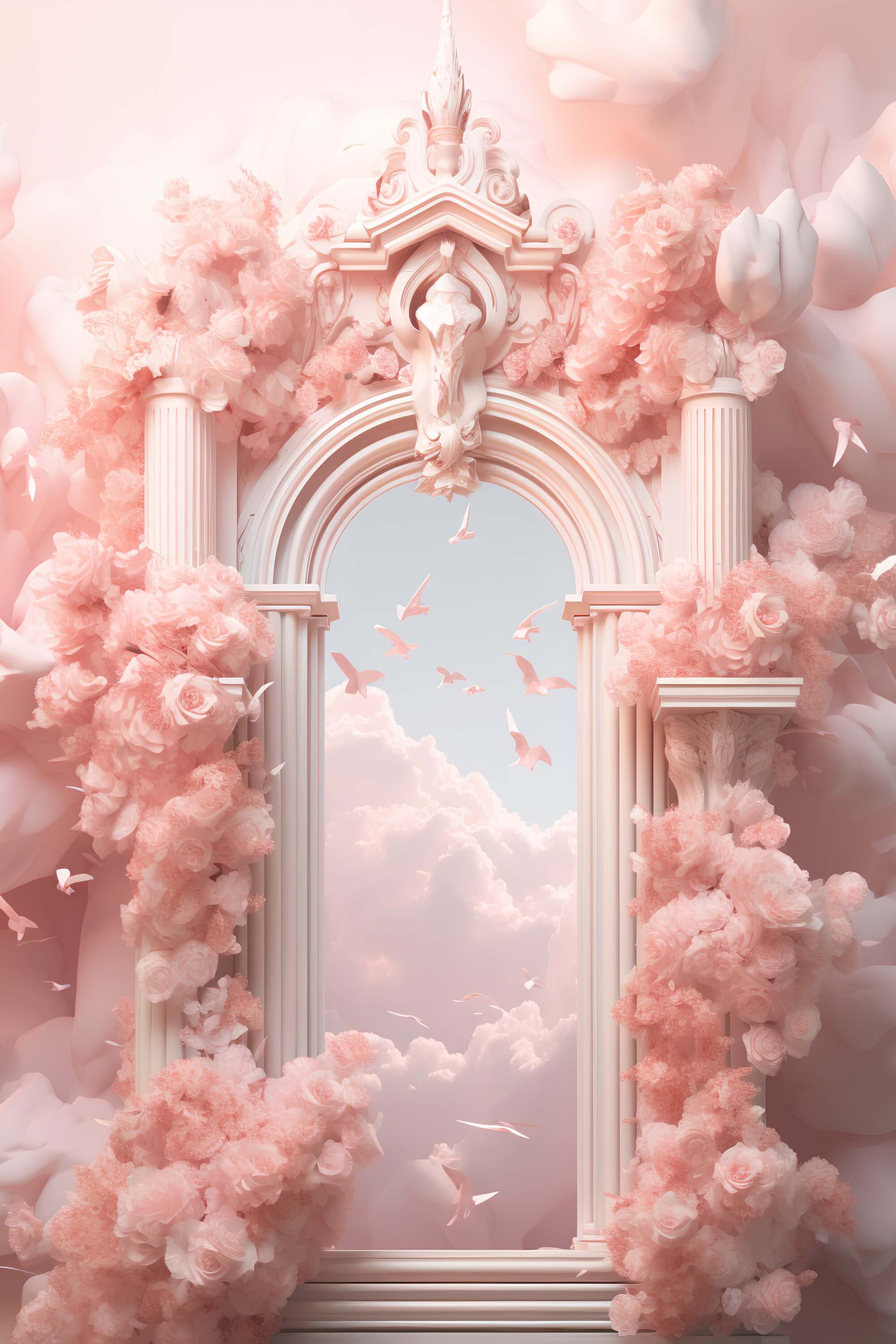 Toile de fond rose rêveuse fleurs enveloppées porte du paradis nuages oiseaux volants M2-14