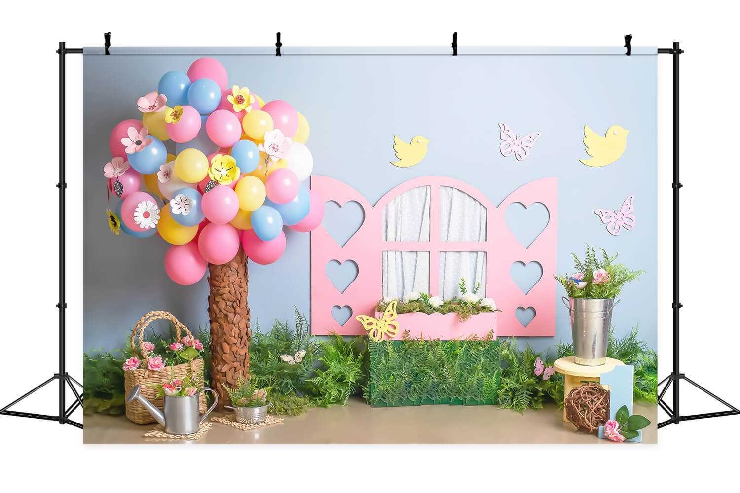 1er anniversaire Ballon coloré Arbre Bleu Mur Rose Fenêtre Oiseau Papillon Toile de fond M2-23