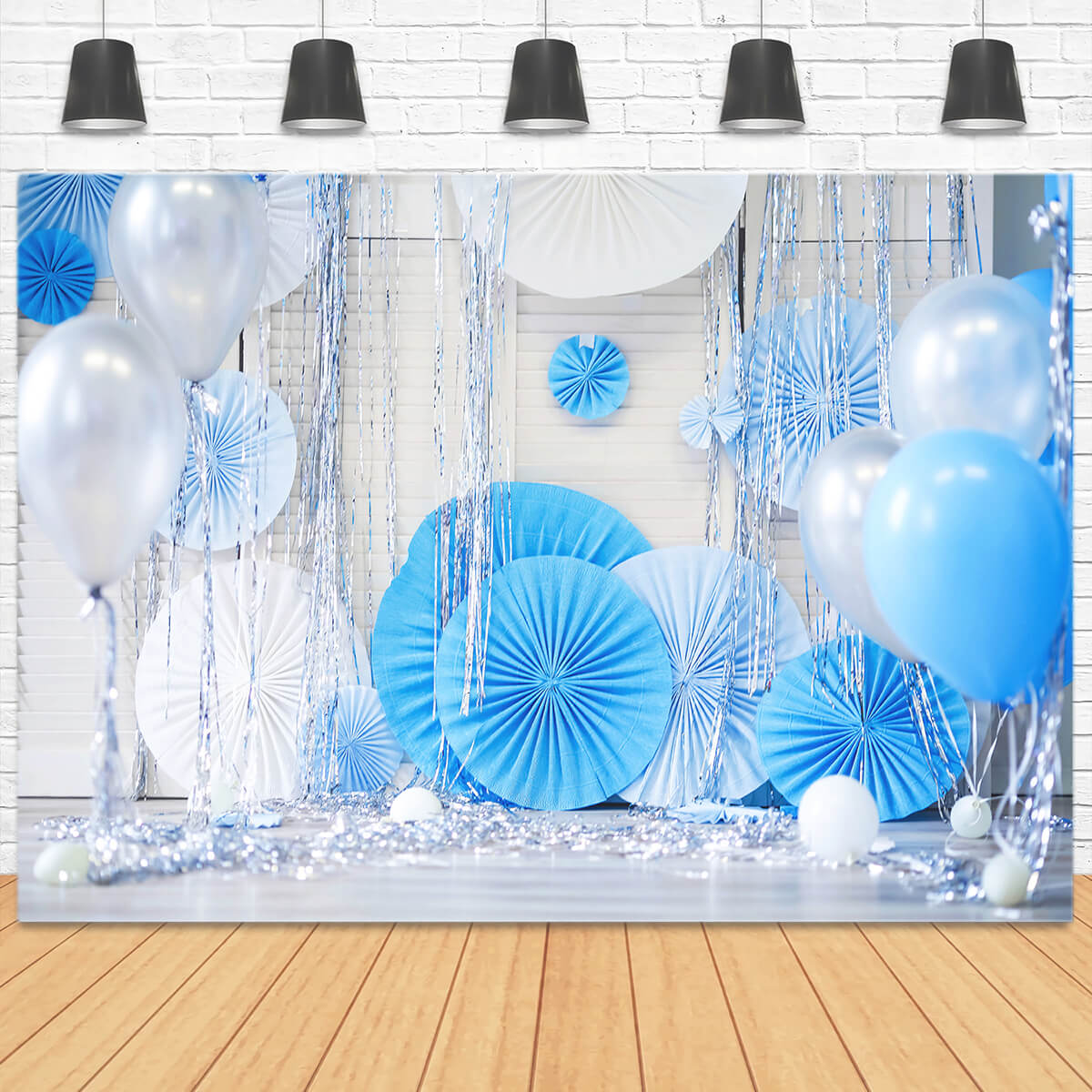 Fête d'anniversaire Sculpture en papier bleu océan Décoration Ruban Ballon Toile de fond M2-27