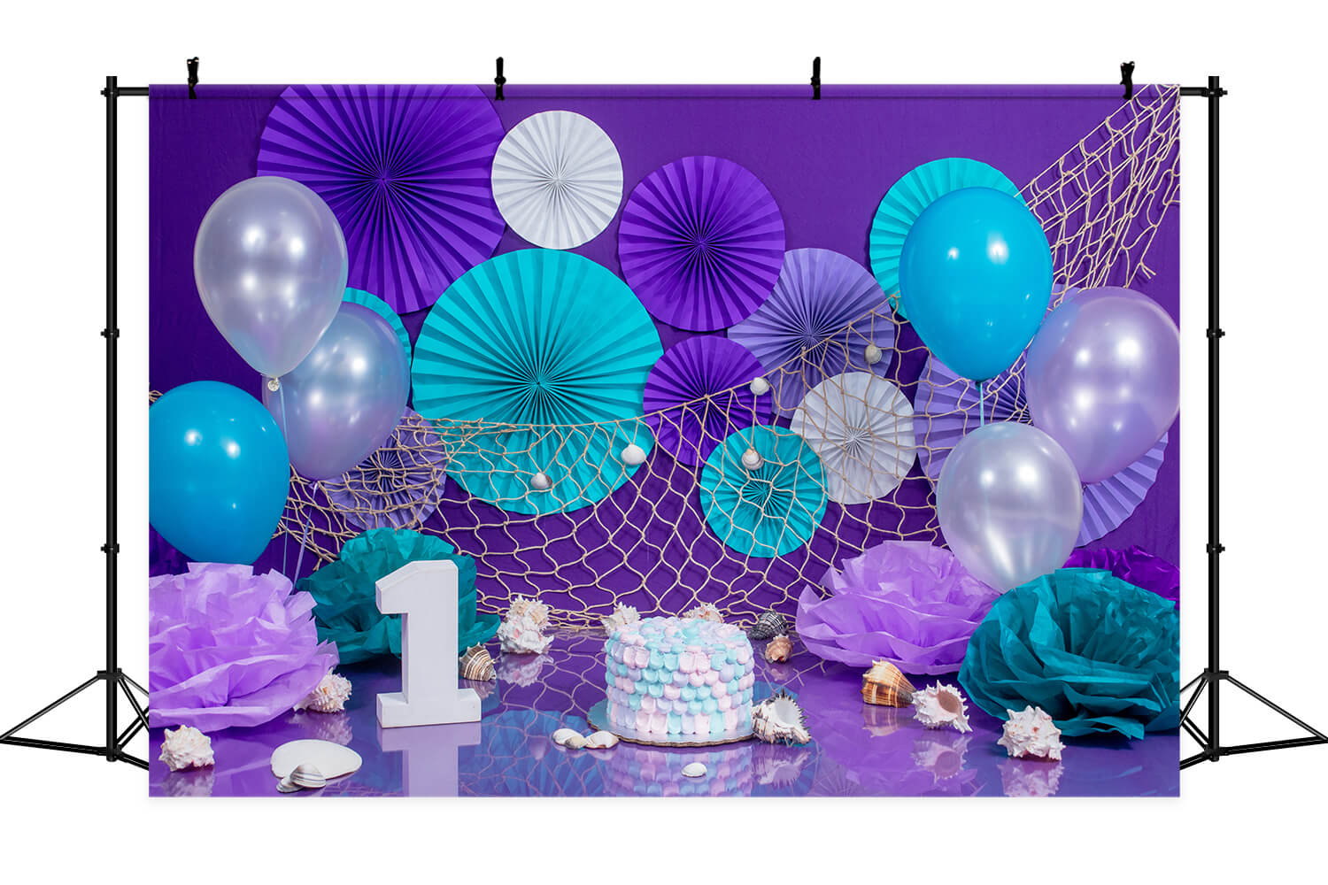 1er Anniversaire Gâteau Sirène Coquillages Filets de pêche Ballons Sculpture papier Toile de fond M2-30