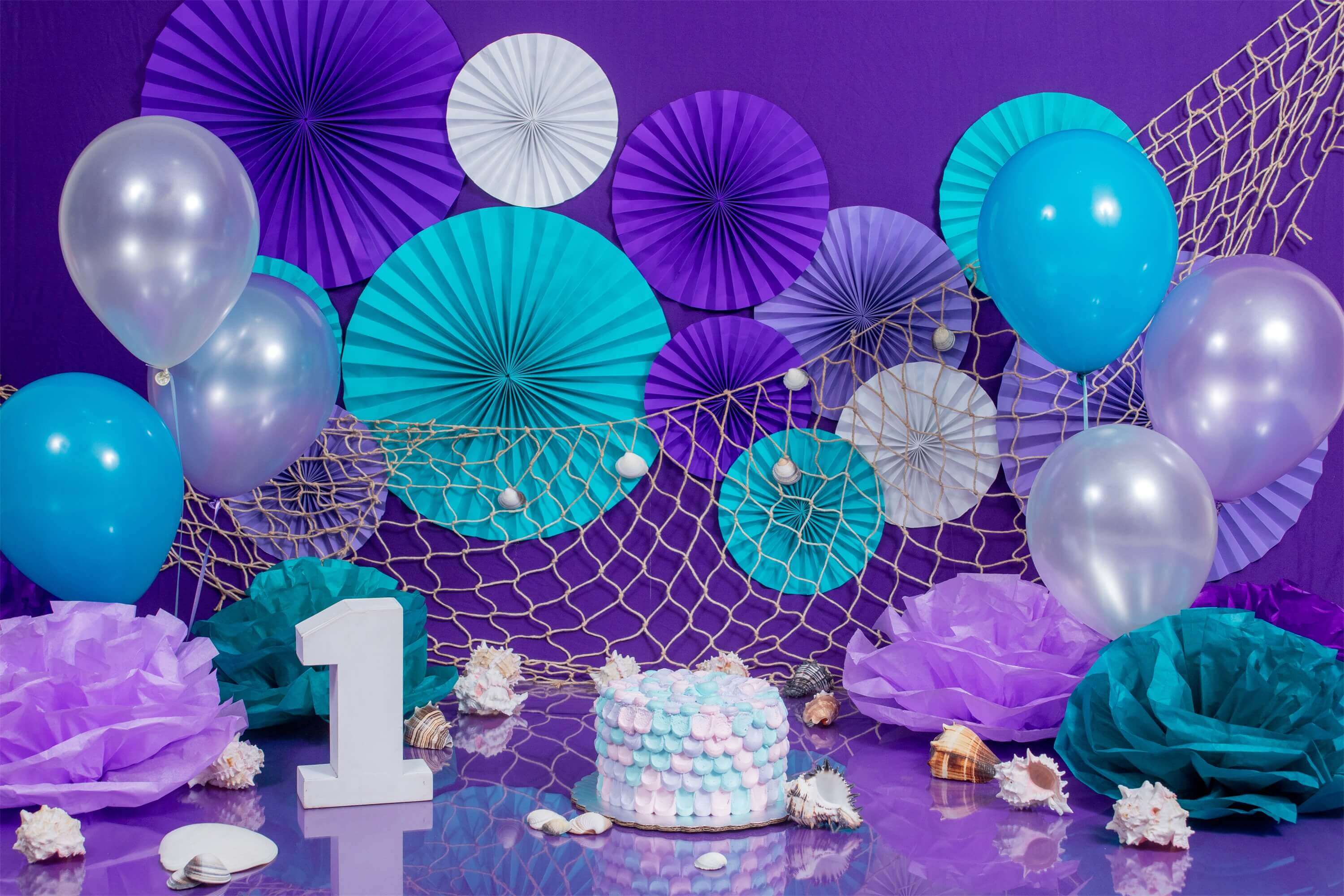 1er Anniversaire Gâteau Sirène Coquillages Filets de pêche Ballons Sculpture papier Toile de fond M2-30