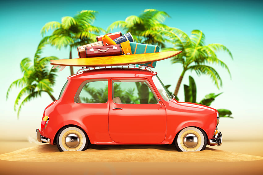 Voiture Drôle de Plage Avec Toile de Fond de Valises de Planche de Surf M5-119