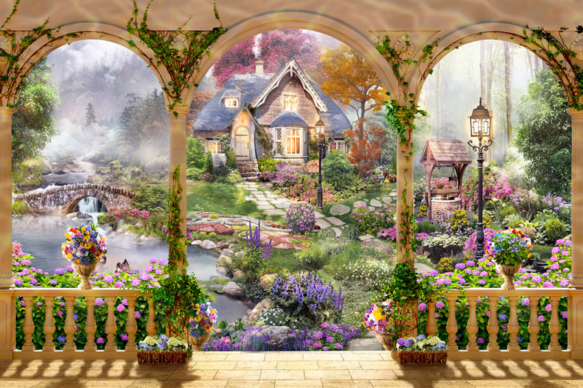 Fleurs Jardin Terrasse Pavillon Toile de Fond M5-121