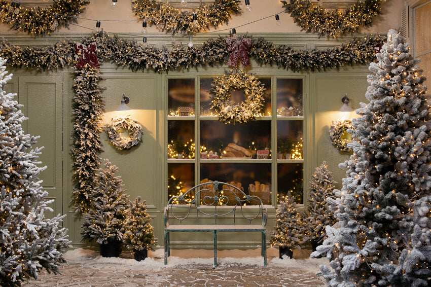 Sapin de Noël Boulangerie Fenêtre Guirlande Neige Toile de Fond M6-92