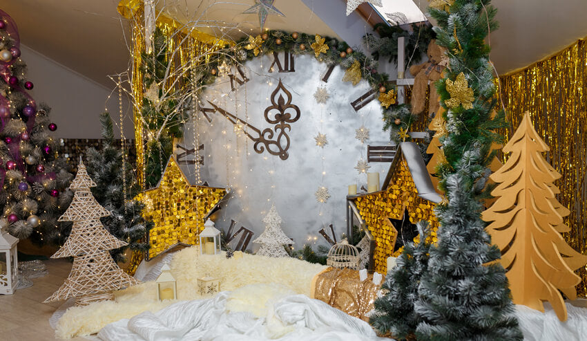 Soirée de Noël Bell Étoiles Dorées Sapin Toile de Fond M6-96