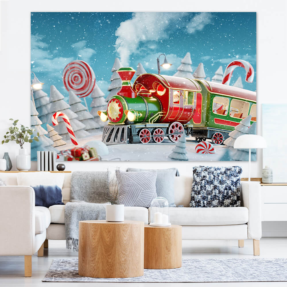 Toile de Fond de Train de Bonbons Rouge de Noël Enneigé D'hiver M7-30