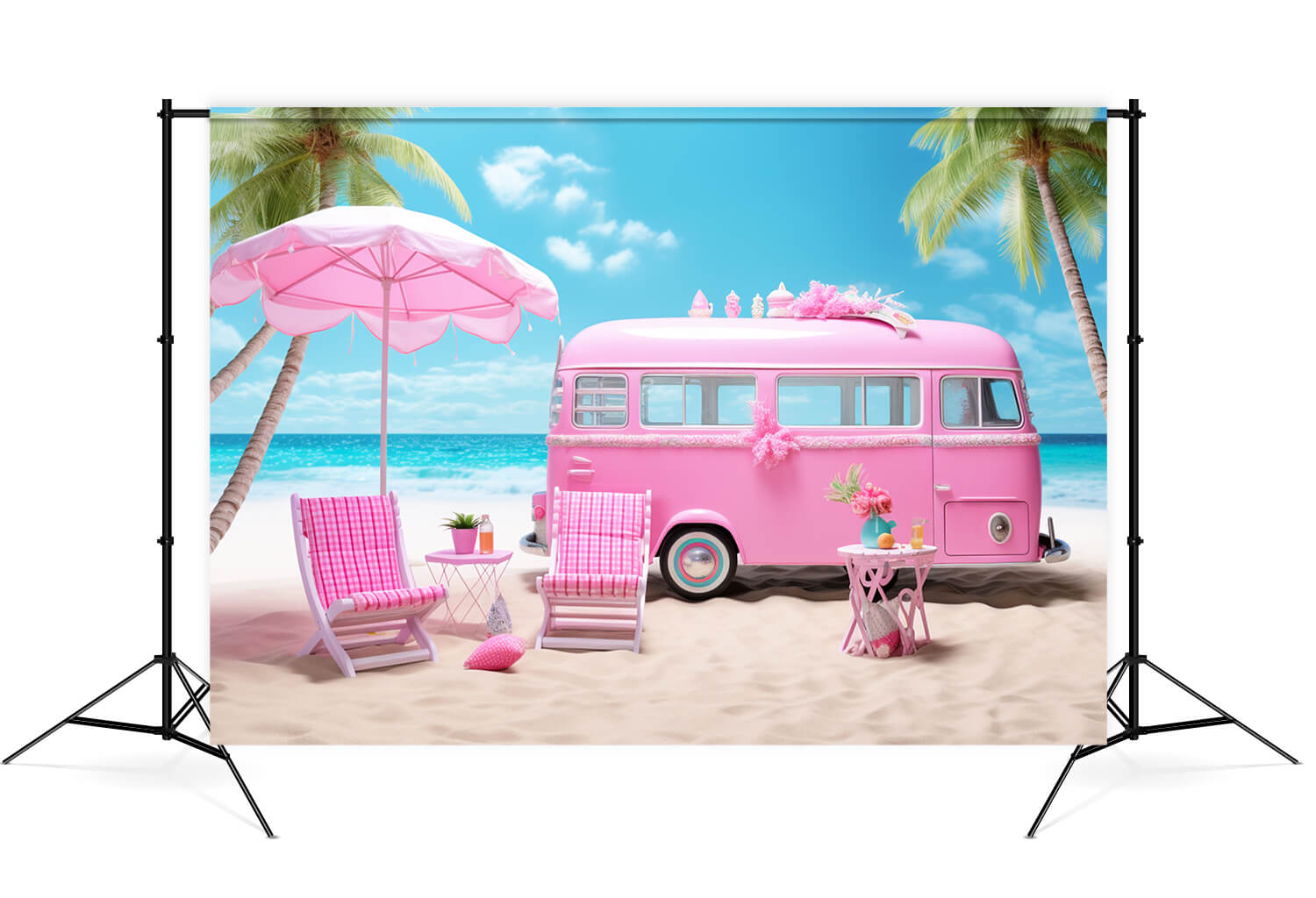 Toile de Fond de Bus Rose de Plage de Poupée de Mode D'été M7-87