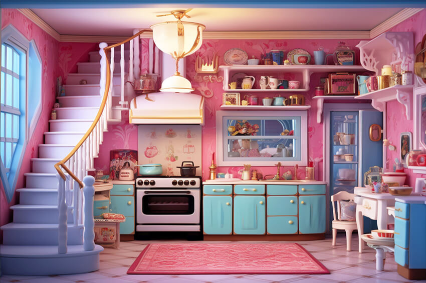 Toile de Fond pour Poupée de Cuisine Rose pour la Photo M8-36