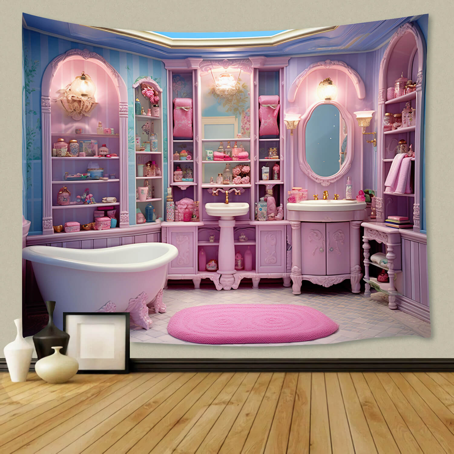 Toile de Fond Fantaisie Poupée Salle de Bain Rose Maison M8-38