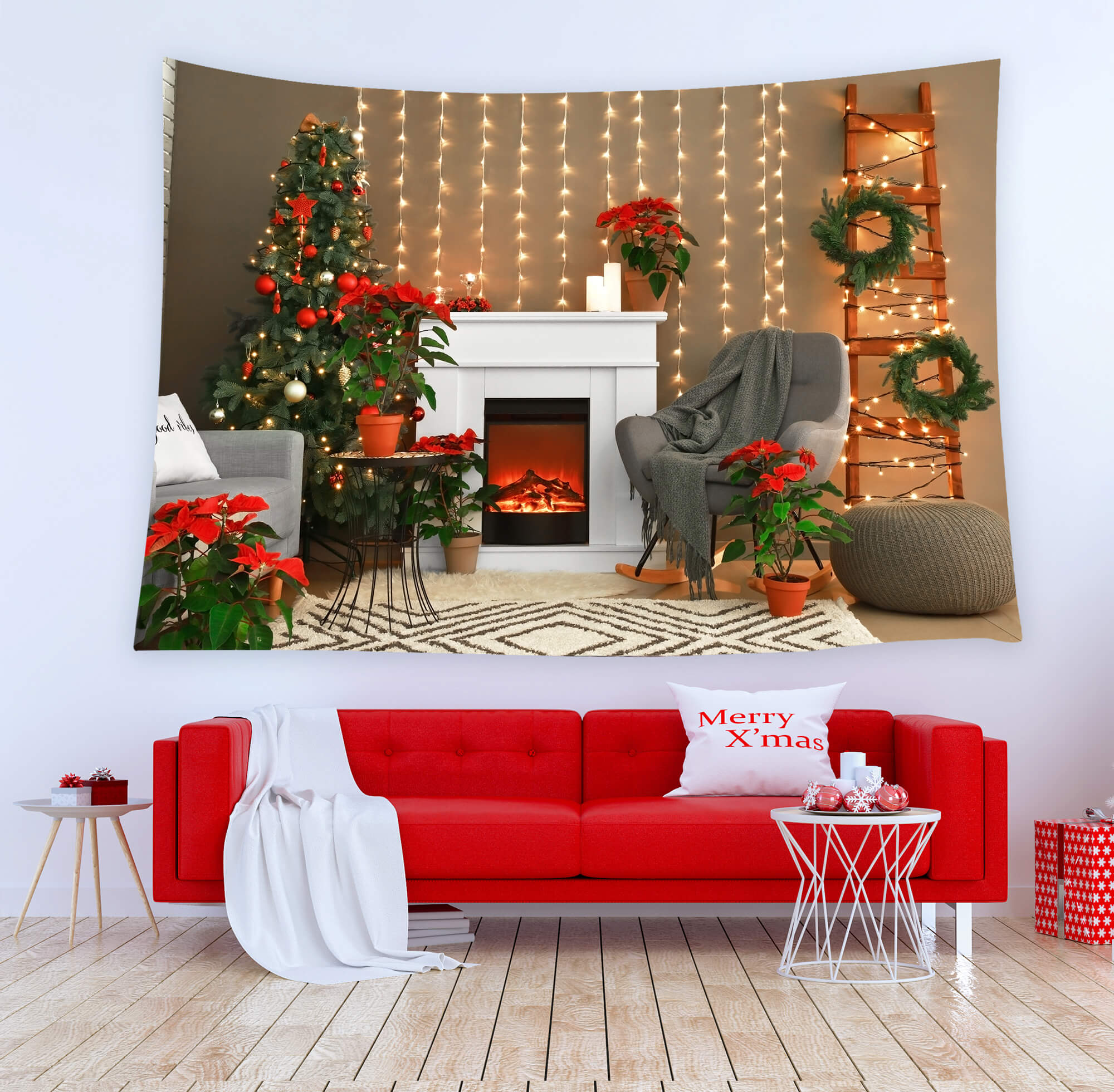 Toile de Fond Noël Arbre de Cheminée Lumières M8-69