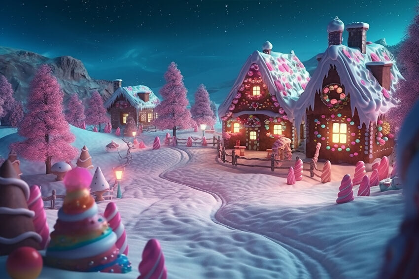 Toile de Fond Maison en Pain d'Epices Neige Hiver Noël M8-72