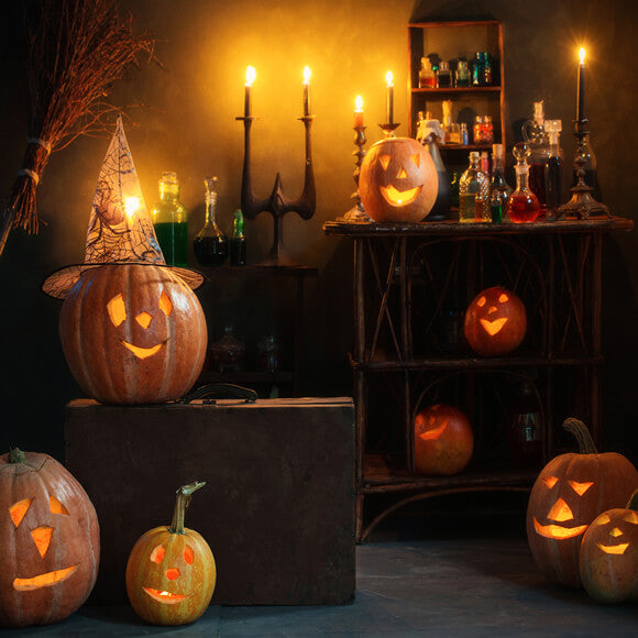 Toile de Fond Salle de Sorcières Halloween Citrouilles Bougies M9-47