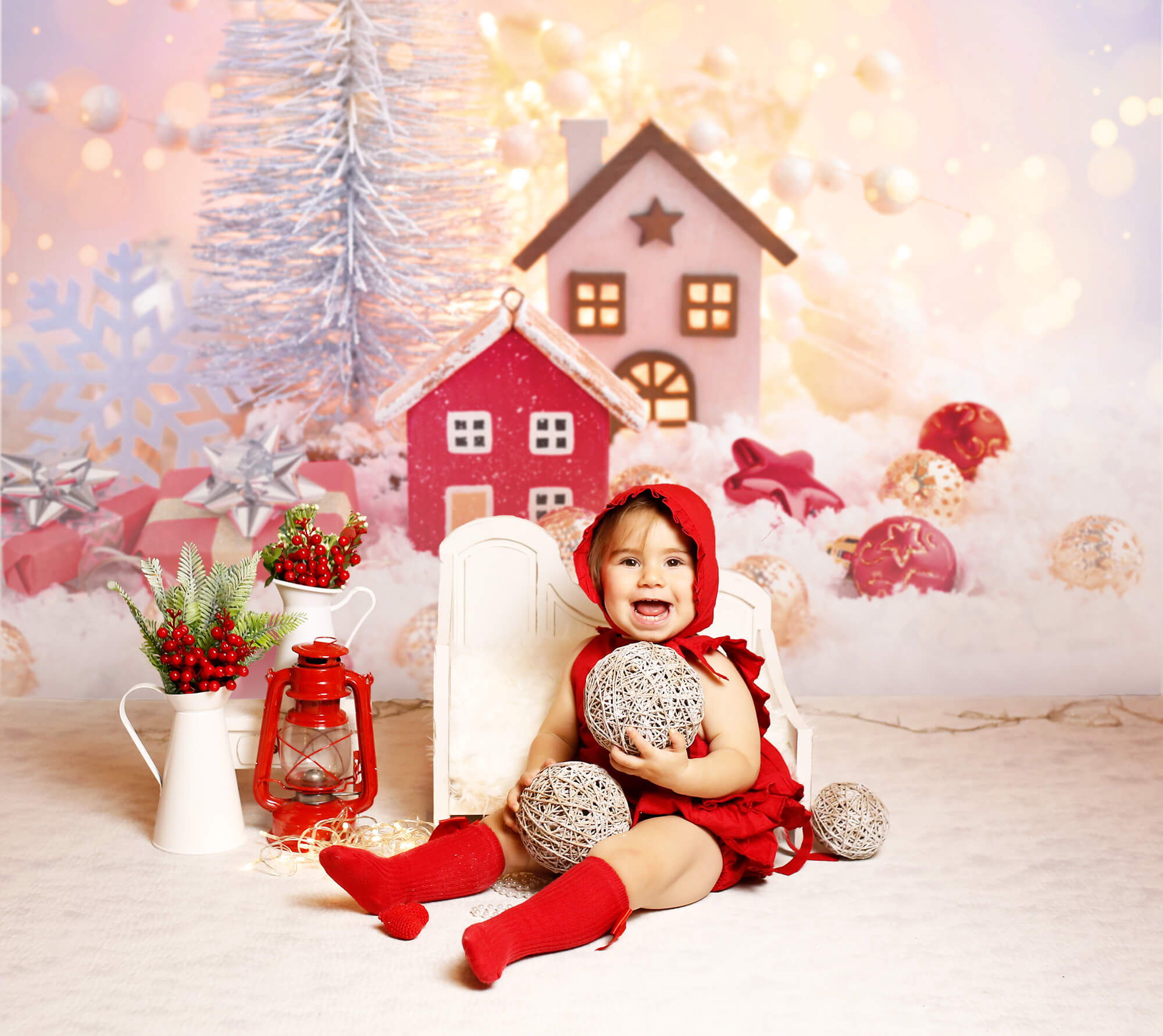 Toile de Fond Boules de Noël Flocon de Neige Cabine Bokeh M9-71