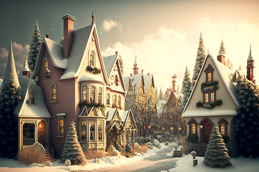 Toile de Fond Village de Noël Hiver Neige Paysage M9-78