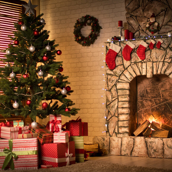 Toile de Fond Arbre de Noël Décoré pour Cheminée M9-80