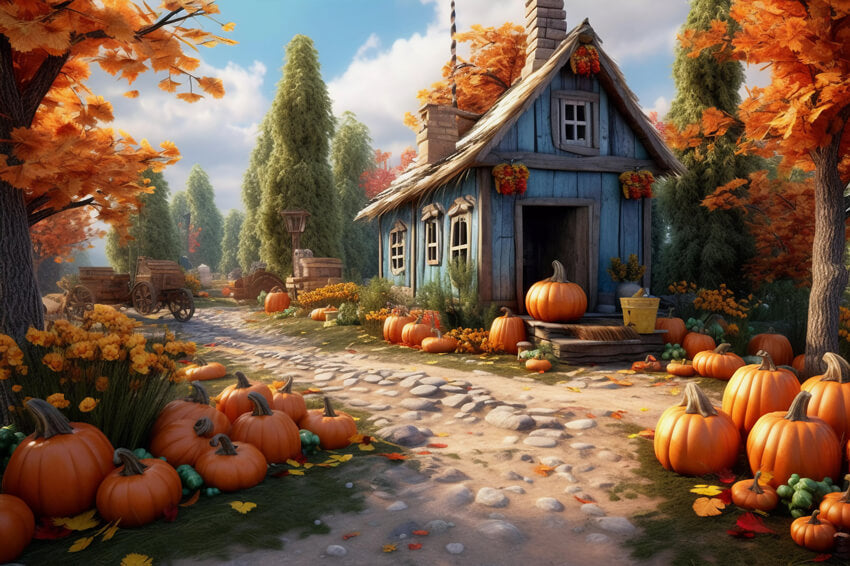 Toile de Fond Village d'Automne Chemin Citrouille Maison M9-87