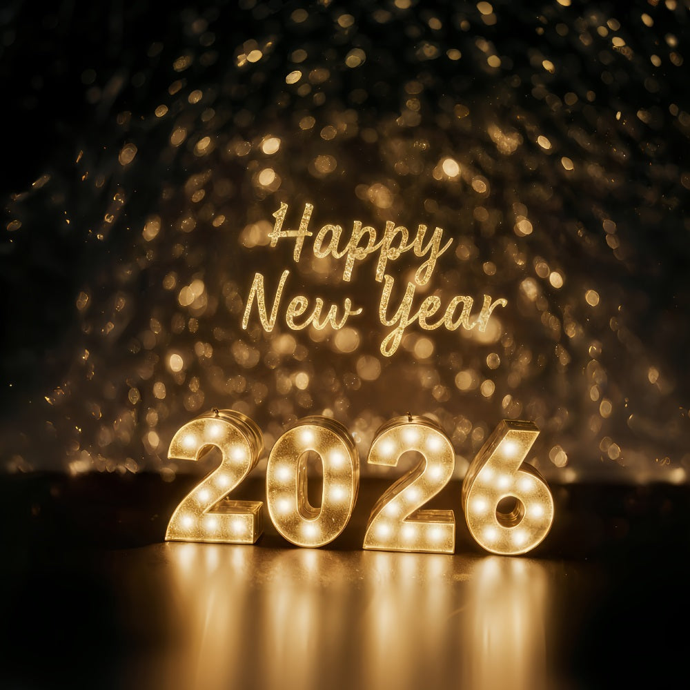 Joyeux Nouvel An 2026 Toile de fond Lumières dorées Célébration Lueur Toile de fond du réveillon du Nouvel An MRR10-1