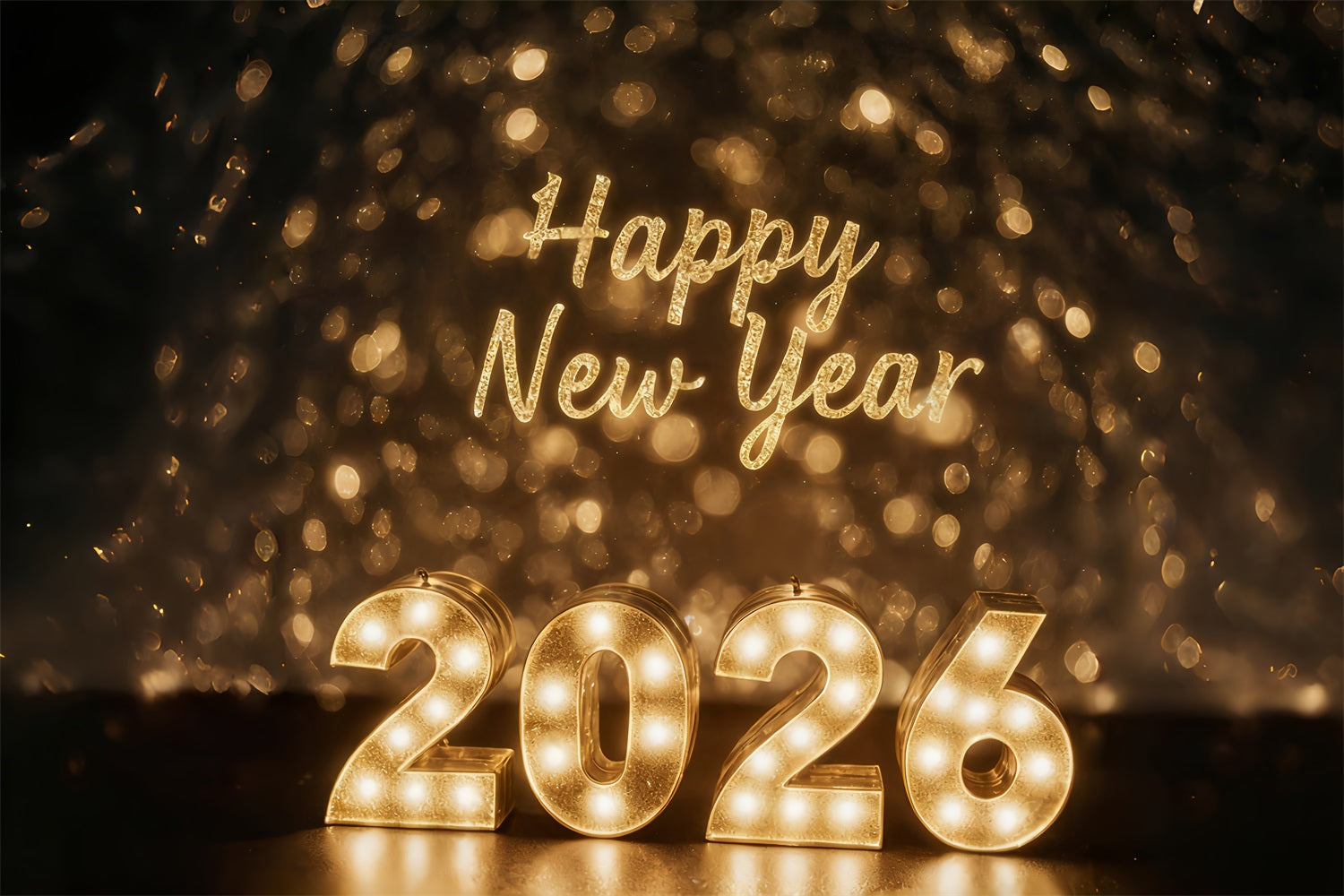 Joyeux Nouvel An 2026 Toile de fond Lumières dorées Célébration Lueur Toile de fond du réveillon du Nouvel An MRR10-1