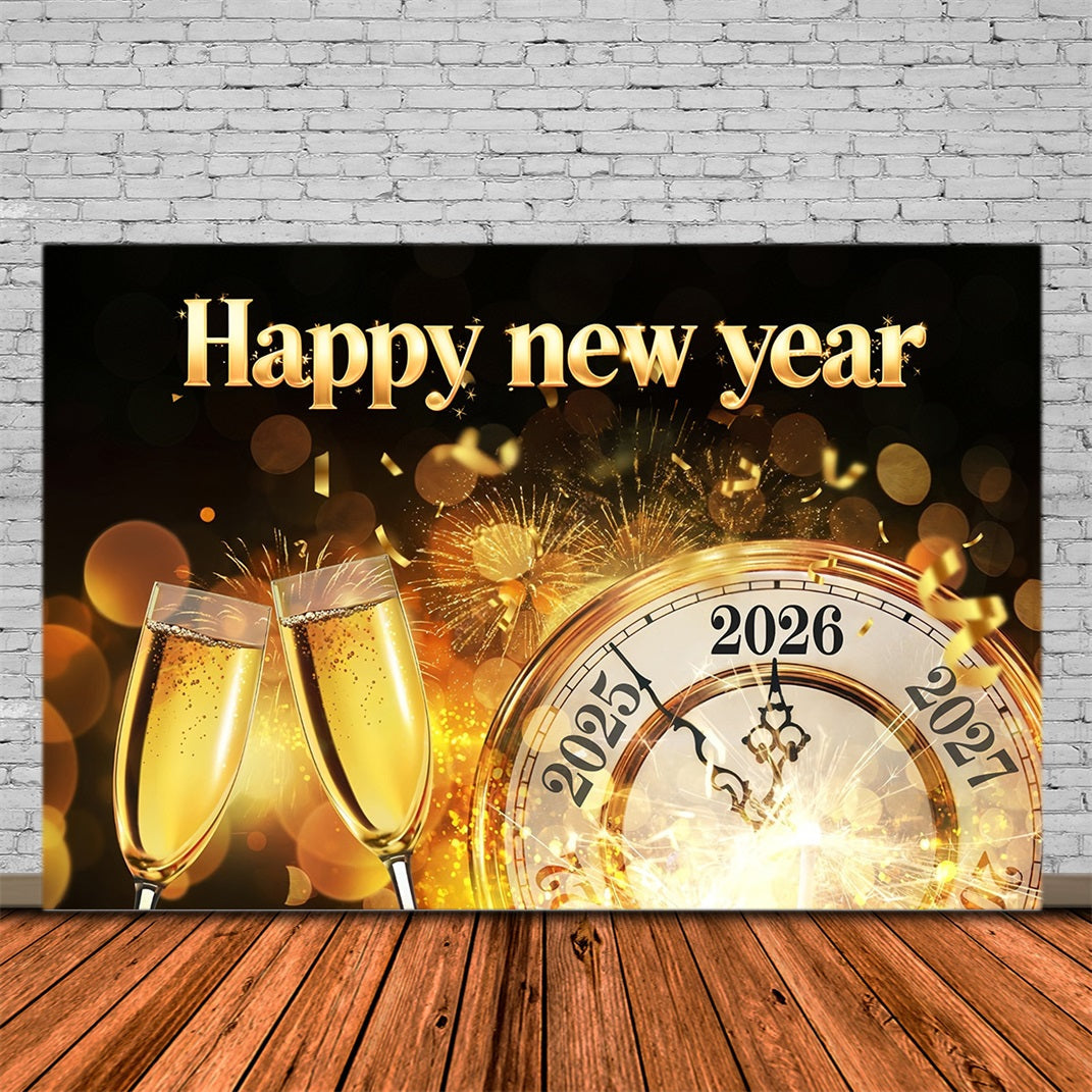 2026 Joyeux Nouvel An Toile de fond Horloge dorée Toast de minuit Toiles de fond du Nouvel An MRR10-11