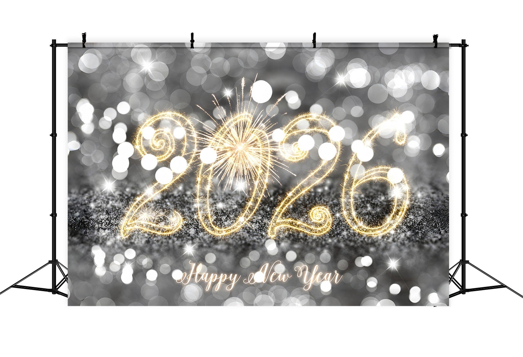 Joyeux Nouvel An 2026 Toile de fond Lumières scintillantes argentées Toile de fond du Nouvel An MRR10-13
